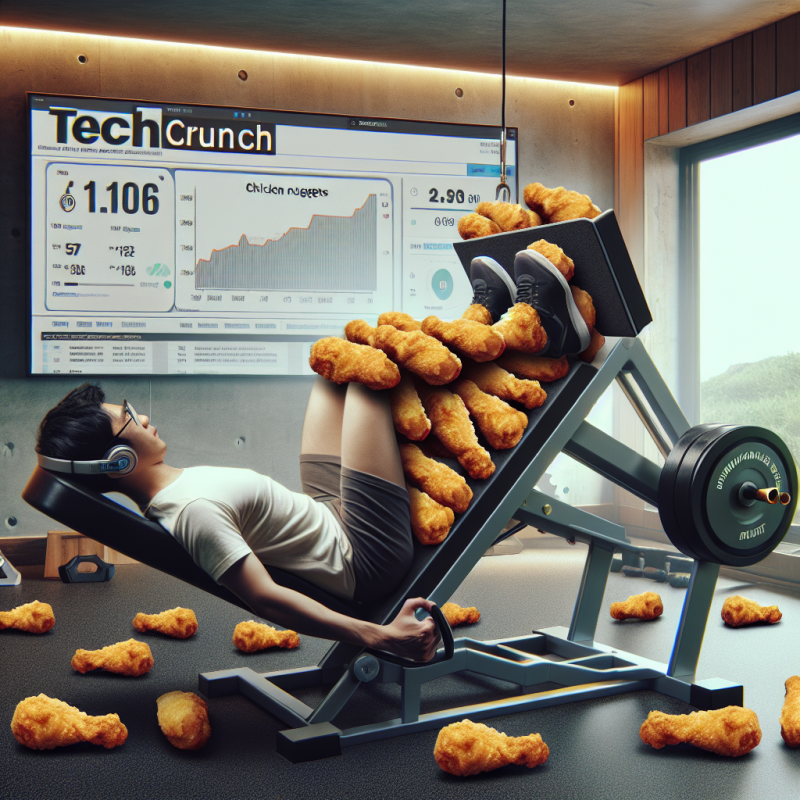 Illustration of Mark Zuckerberg fait du leg press avec des nuggets de poulet | TechCrunch