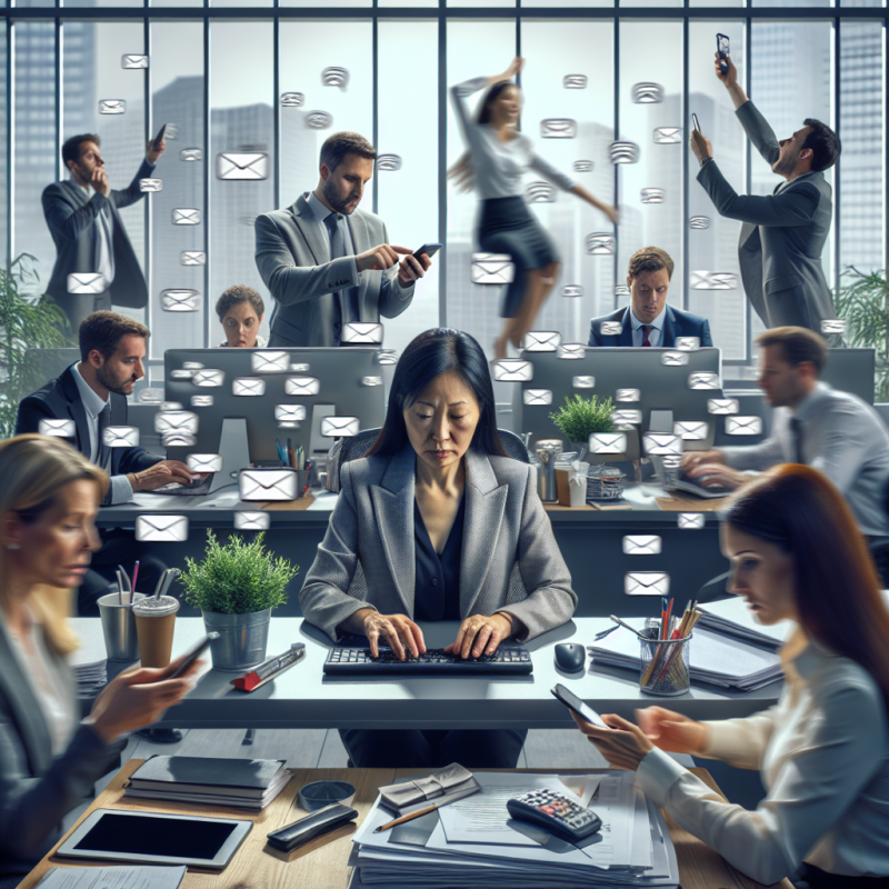 Illustration of 117 mails et 153 messages par jour : au bureau, les employés sont interrompus en moyenne toutes les 2 minutes