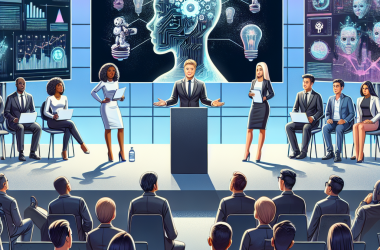 Illustration of Des startups d'IA montent sur scène pour présenter leurs entreprises à un jury de juges