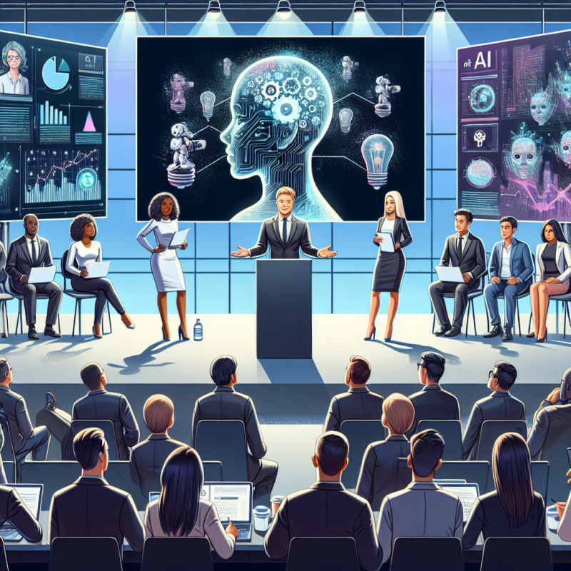 Illustration of Des startups d'IA montent sur scène pour présenter leurs entreprises à un jury de juges