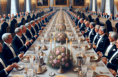 Illustration of Tim Cook, Sam Altman et d'autres assistent au banquet d'État de Trump au Royaume-Uni
