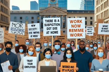 Illustration of "Il y a une suspicion que les salariés ne font rien chez eux": nouvelle manifestation à la Société Générale qui ne veut pas plus d'un jour de télétravail par semaine