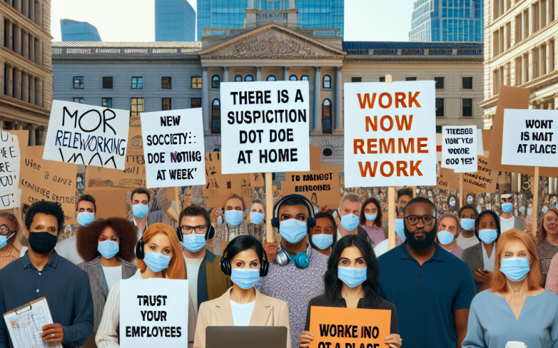 Illustration of "Il y a une suspicion que les salariés ne font rien chez eux": nouvelle manifestation à la Société Générale qui ne veut pas plus d'un jour de télétravail par semaine