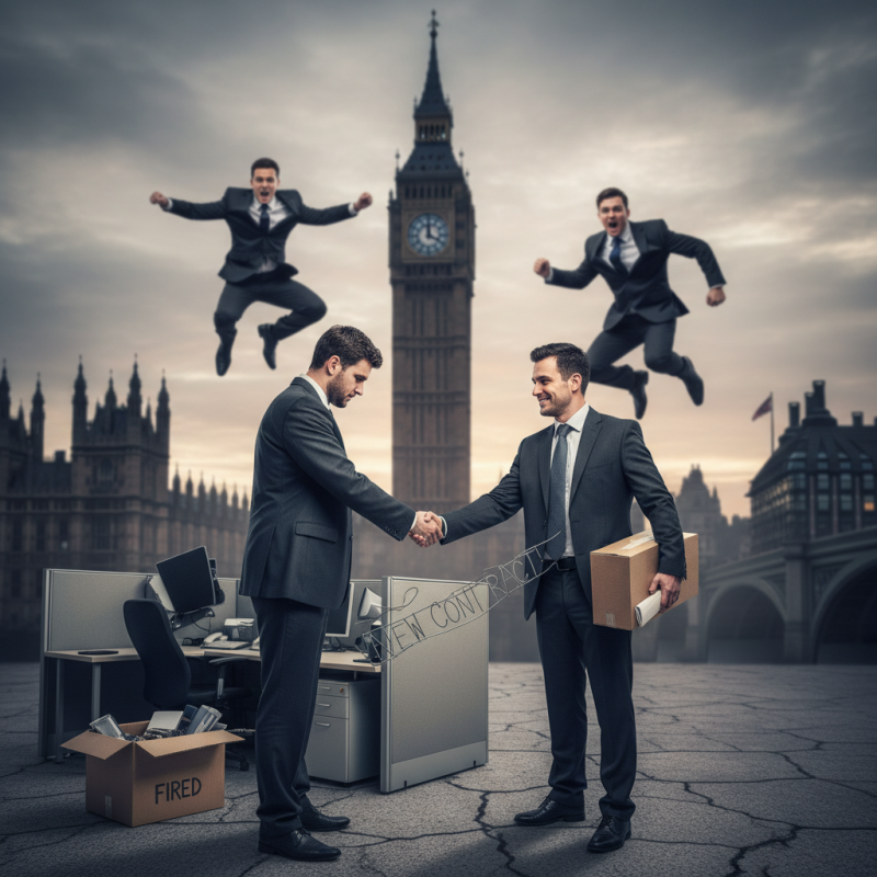 Illustration of Au Royaume-Uni, on peut licencier un salarié et le réembaucher immédiatement à des conditions moins favorables : le gouvernement veut limiter cette pratique ce qui fait bondir les patrons