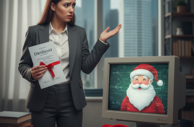 Illustration of "On marche sur la tête" : diplômée d'un Bac +5 en finances, elle se voit suggérer un emploi de Père Noël par l'algorithme de France Travail