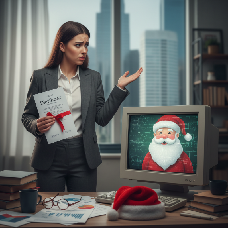 Illustration of "On marche sur la tête" : diplômée d'un Bac +5 en finances, elle se voit suggérer un emploi de Père Noël par l'algorithme de France Travail