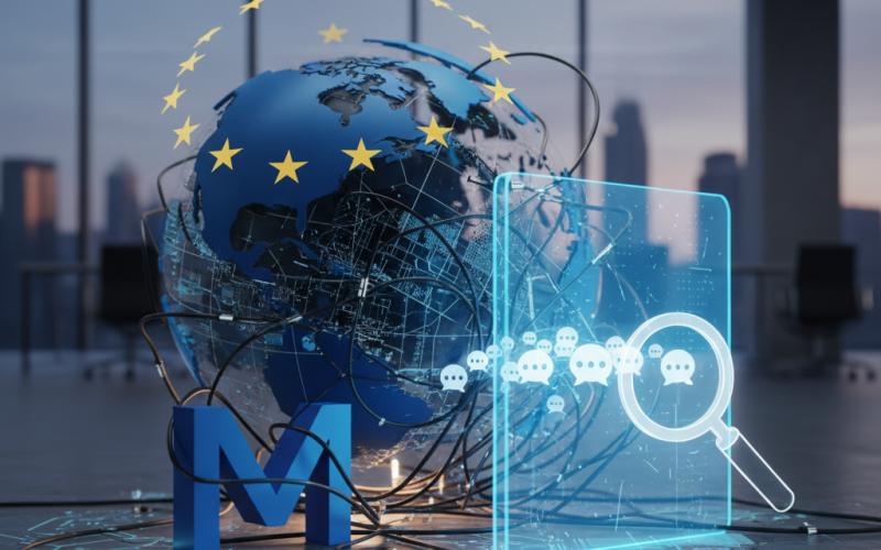 Illustration of L'UE enquête sur Meta suite à la modification de sa politique interdisant les chatbots IA concurrents sur WhatsApp