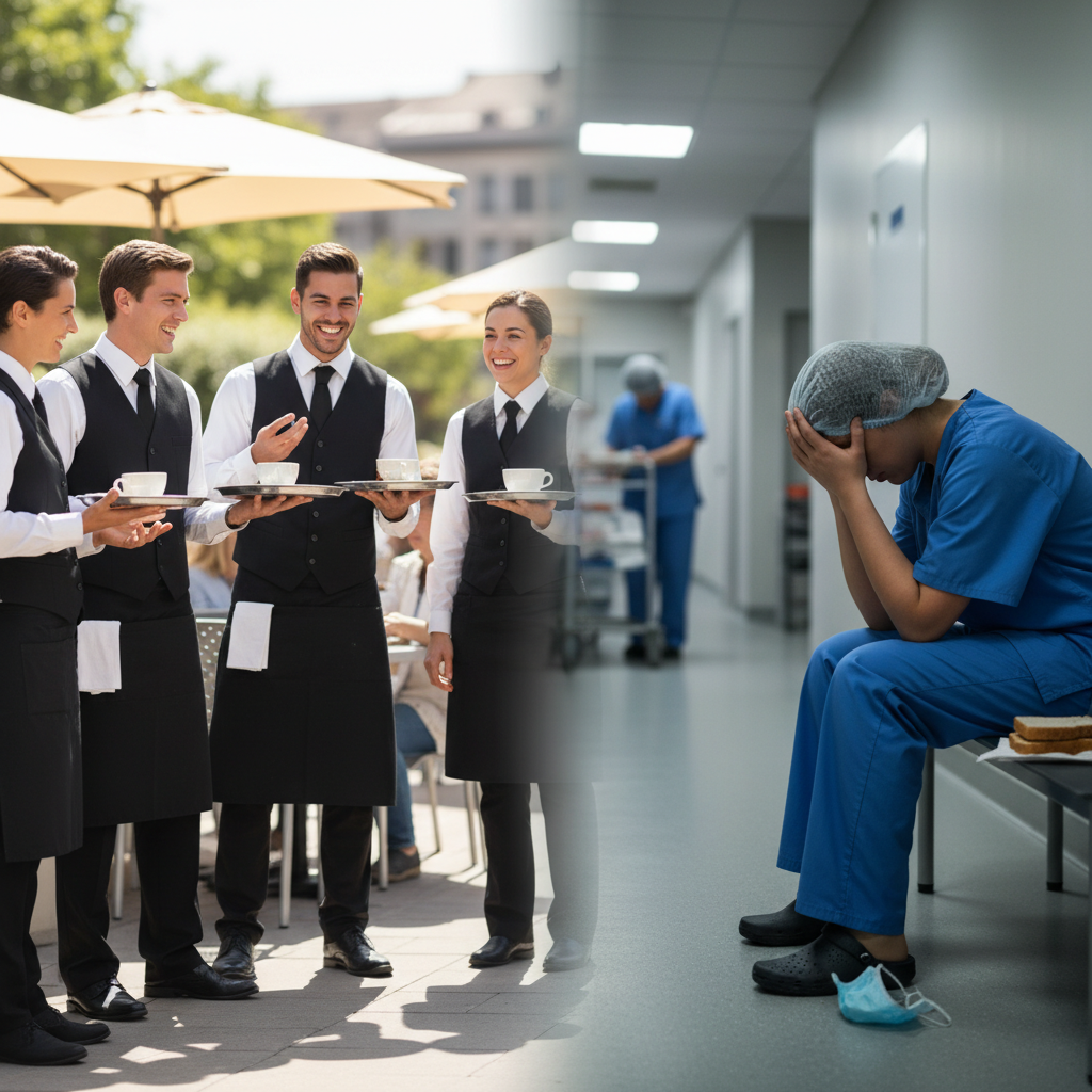Illustration of Les serveurs vont mieux, les aides-soignants plongent : pour la première fois en 5 ans, la santé mentale des travailleurs s'améliore (mais pas dans tous les secteurs)
