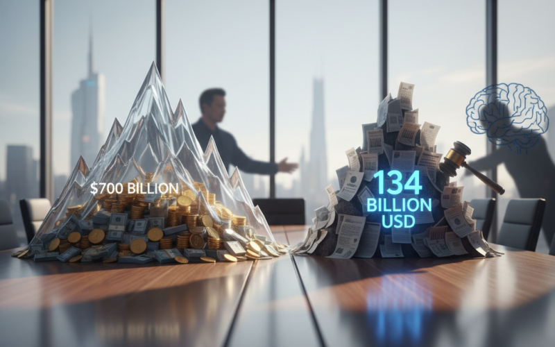 Illustration of Musk demande jusqu'à 134 milliards de dollars dans le cadre d'une action en justice contre OpenAI, malgré une fortune de 700 milliards de dollars