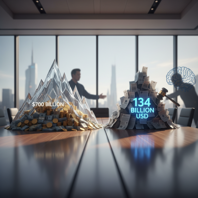 Illustration of Musk demande jusqu'à 134 milliards de dollars dans le cadre d'une action en justice contre OpenAI, malgré une fortune de 700 milliards de dollars