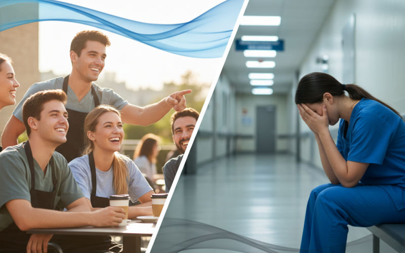 Illustration of Les serveurs vont mieux, les aides-soignants plongent : pour la première fois en 5 ans, la santé mentale des travailleurs s'améliore (mais pas dans tous les secteurs)