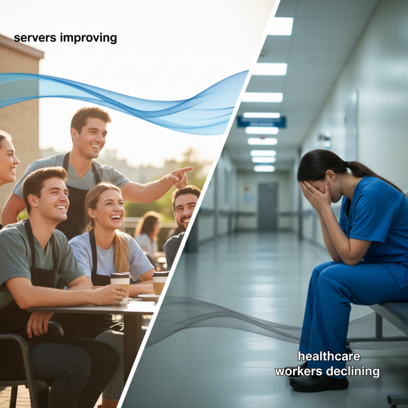 Illustration of Les serveurs vont mieux, les aides-soignants plongent : pour la première fois en 5 ans, la santé mentale des travailleurs s'améliore (mais pas dans tous les secteurs)
