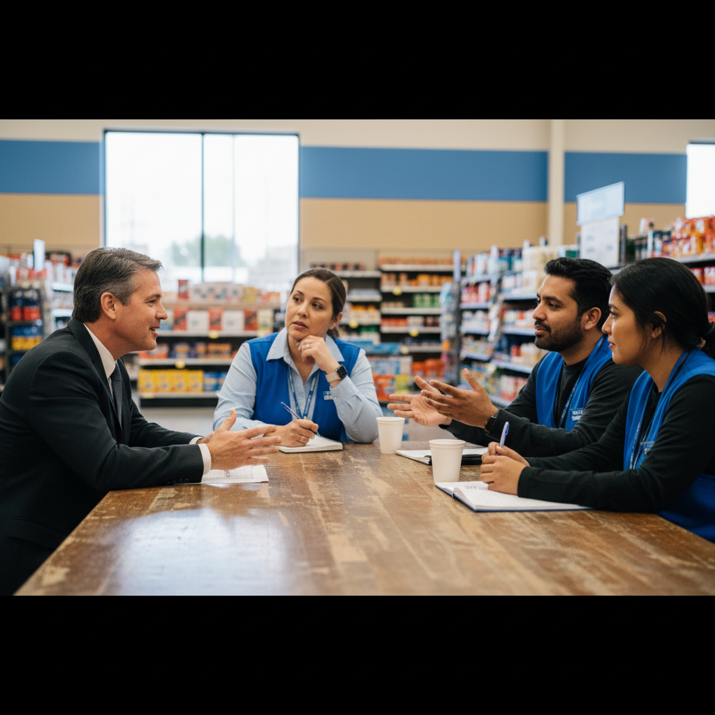 Illustration of "Le pouvoir d’une conversation honnête": le nouveau patron de Walmart va passer ses premières semaines à rencontrer les salariés et à leur demander "une chose qui rend leur travail plus difficile"