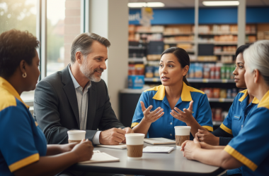 Illustration of "Le pouvoir d’une conversation honnête" : le nouveau patron de Walmart va passer ses premières semaines à rencontrer les salariés et à leur demander "une chose qui rend leur travail plus difficile"