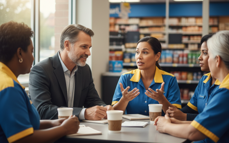 Illustration of "Le pouvoir d’une conversation honnête" : le nouveau patron de Walmart va passer ses premières semaines à rencontrer les salariés et à leur demander "une chose qui rend leur travail plus difficile"