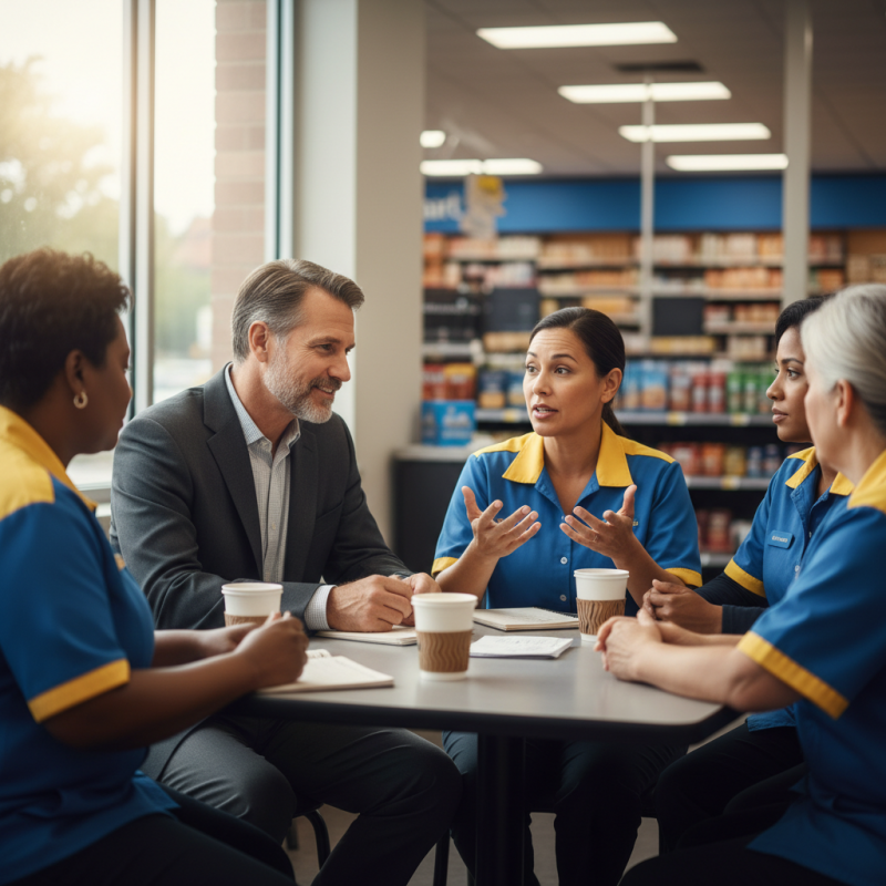Illustration of "Le pouvoir d’une conversation honnête" : le nouveau patron de Walmart va passer ses premières semaines à rencontrer les salariés et à leur demander "une chose qui rend leur travail plus difficile"