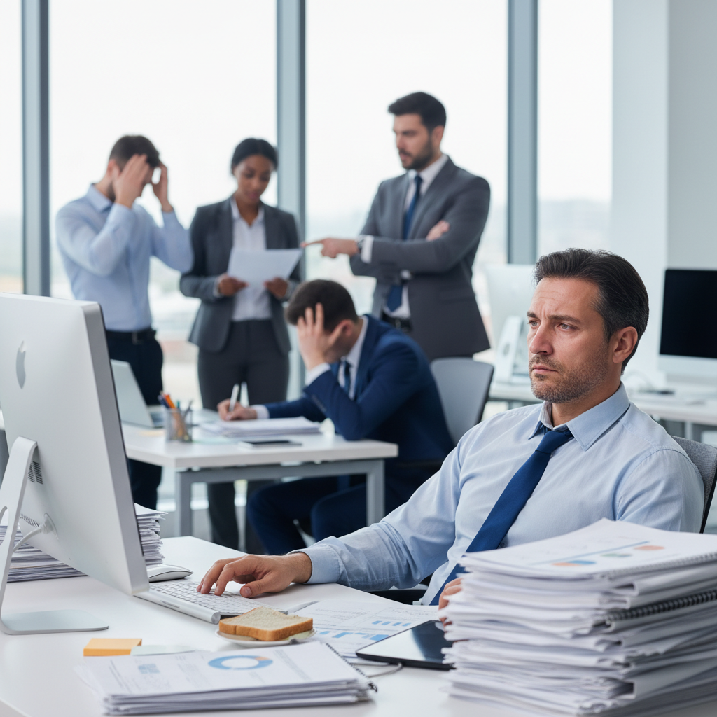 Illustration of Forte charge de travail, problèmes avec la hiérarchie... Les salariés des banques sont plus souvent en souffrance psychique au travail