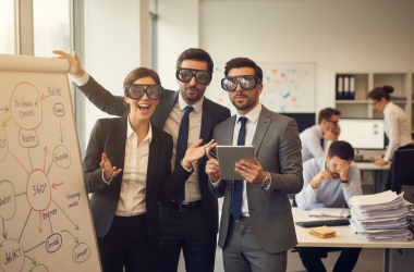 Illustration of "Synergies", "vision 360°", "scaler en mode agile"... Les salariés qui adorent ce jargon managérial sont aussi les moins performants dans leur travail, selon une étude