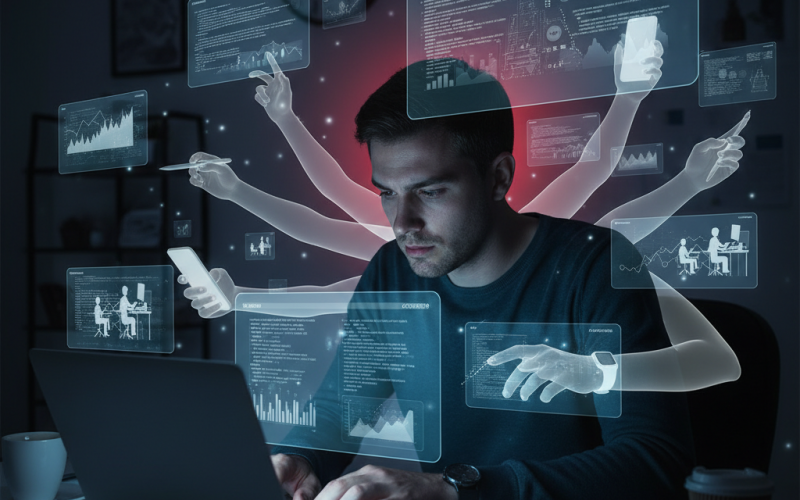 Illustration of Ils font le boulot des autres, travaillent durant leur repos, mènent 10 tâches de front... Les salariés qui utilisent l'IA deviennent des bourreaux de travail (mais nos cerveaux peuvent-ils tenir?)