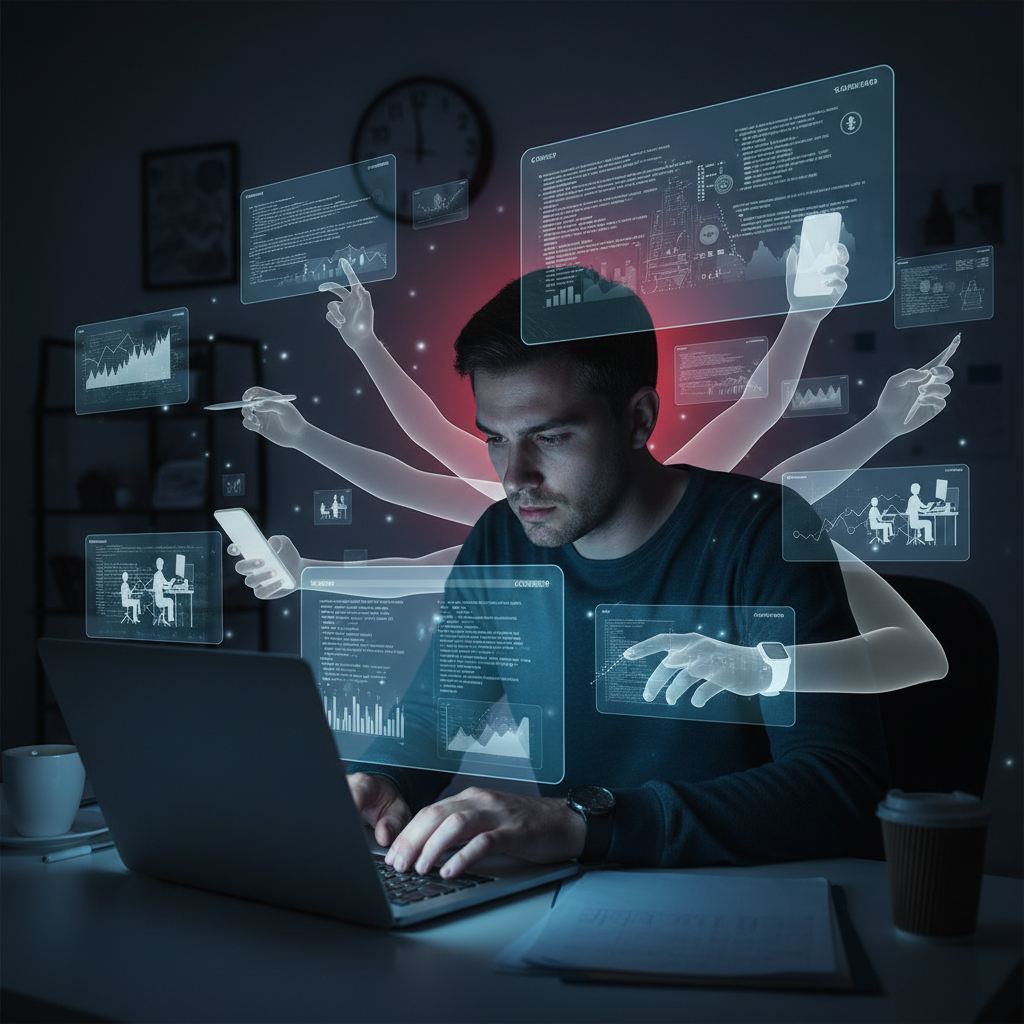 Illustration of Ils font le boulot des autres, travaillent durant leur repos, mènent 10 tâches de front... Les salariés qui utilisent l'IA deviennent des bourreaux de travail (mais nos cerveaux peuvent-ils tenir?)