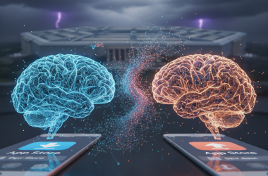 Illustration of Anthropic’s Claude rivals ChatGPT in App Store amid Pentagon controversy