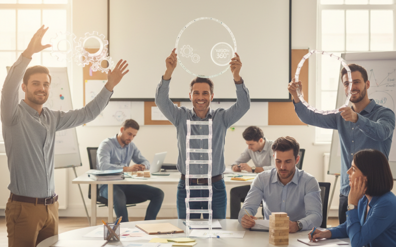 Illustration of "Synergies", "vision 360°", "scaler en mode agile"... Les salariés qui adorent ce jargon managérial sont aussi les moins performants dans leur travail, selon une étude