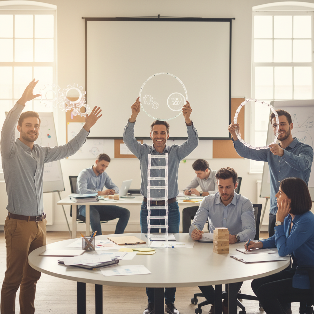 Illustration of "Synergies", "vision 360°", "scaler en mode agile"... Les salariés qui adorent ce jargon managérial sont aussi les moins performants dans leur travail, selon une étude