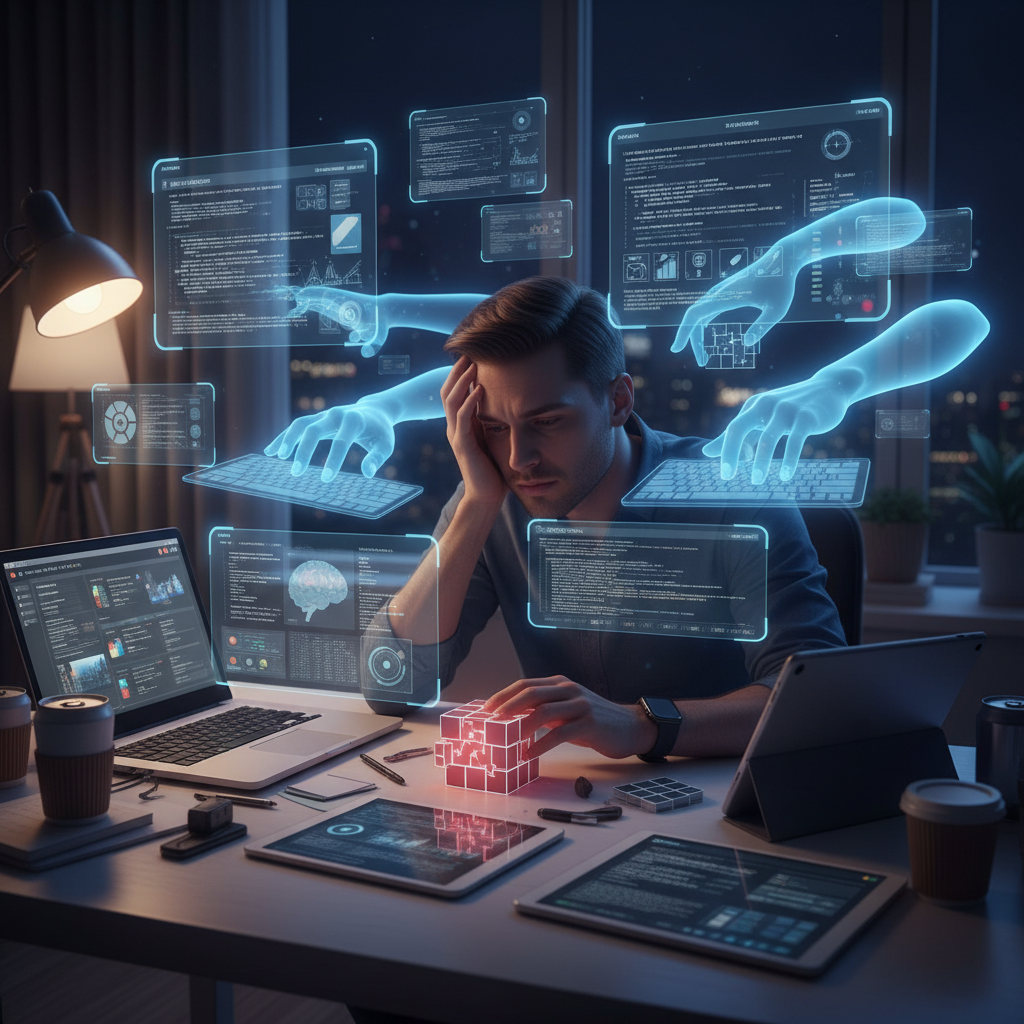 Illustration of Ils font le boulot des autres, travaillent durant leur repos, mènent 10 tâches de front... Les salariés qui utilisent l'IA deviennent des bourreaux de travail (mais nos cerveaux peuvent-ils tenir ?)