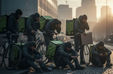 Illustration of Ils travaillent 63 heures par semaine : des associations de livreurs à vélo portent plainte pour « traite d'êtres humains » contre Deliveroo et Uber Eats