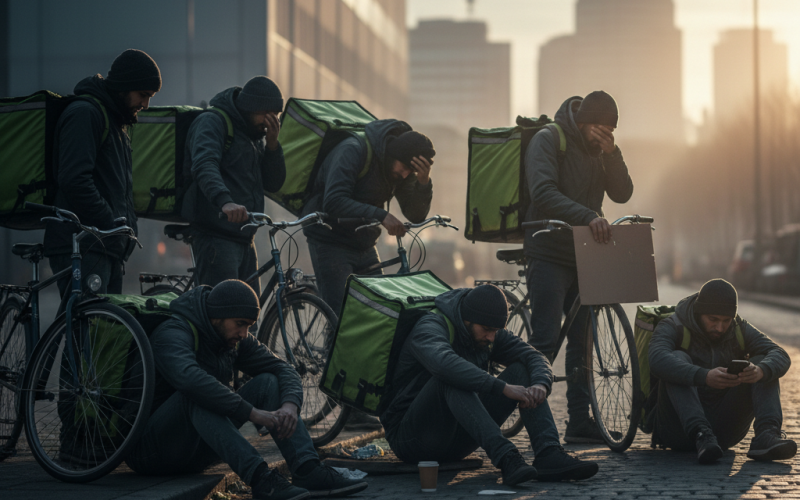 Illustration of Ils travaillent 63 heures par semaine : des associations de livreurs à vélo portent plainte pour « traite d'êtres humains » contre Deliveroo et Uber Eats