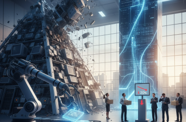 Illustration of "Un retournement brutal": après 20 ans de hausse, le nombre d'emplois dans l'informatique baisse en France alors que la production augmente (c'est probablement l'IA qui est à l'œuvre)