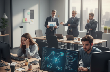 Illustration of "Après 50 allers-retours avec l’IA, on se demande si on n'aurait pas plus vite fait soi-même" : Les jeunes dans l'informatique de plus en plus sacrifiés mais des managers qui doutent des gains de productivité de l'IA