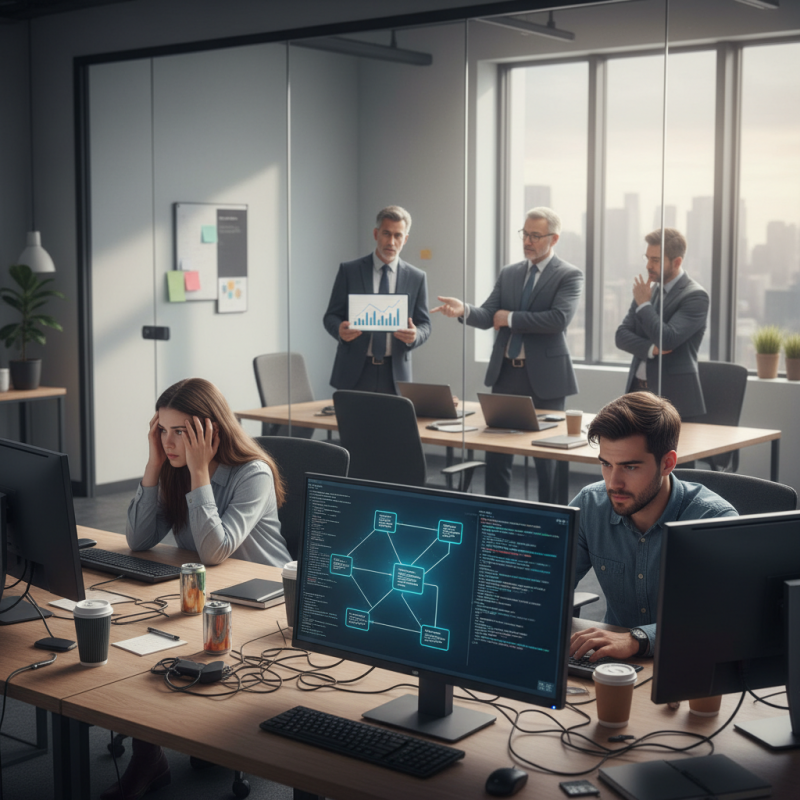 Illustration of "Après 50 allers-retours avec l’IA, on se demande si on n'aurait pas plus vite fait soi-même" : Les jeunes dans l'informatique de plus en plus sacrifiés mais des managers qui doutent des gains de productivité de l'IA