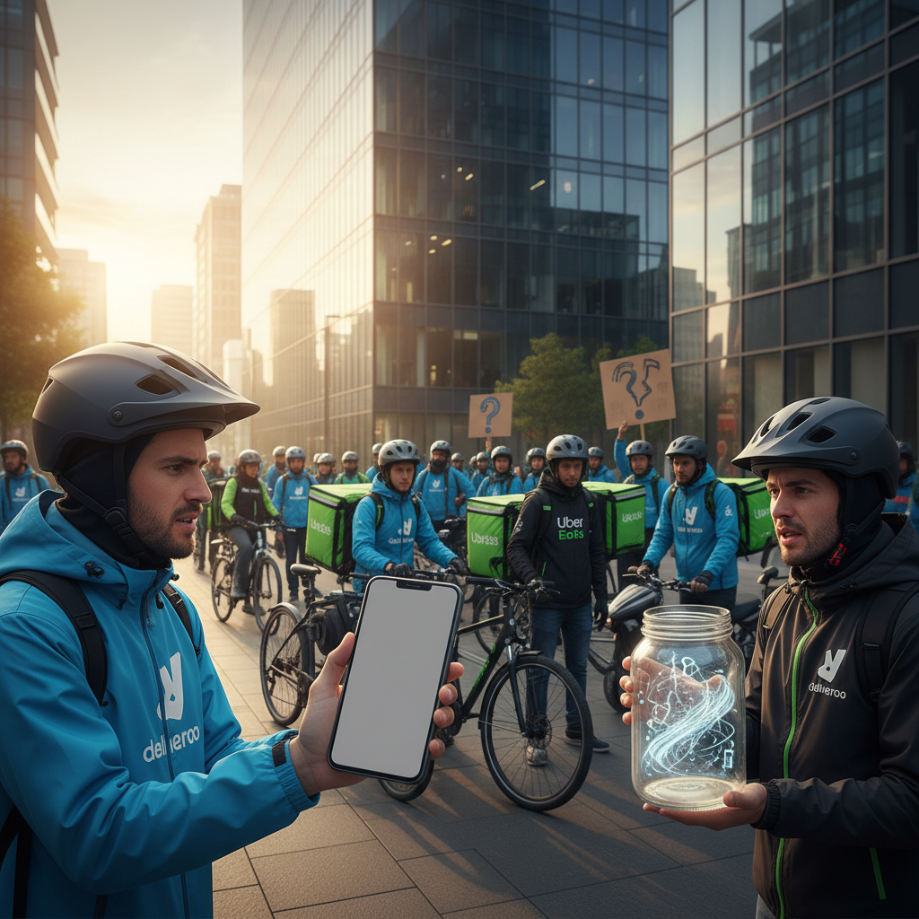 Illustration of Un compte désactivé du jour au lendemain, une rémunération "opaque": les livreurs Uber Eats et Deliveroo exigent la transparence des algorithmes qui organisent leur travail