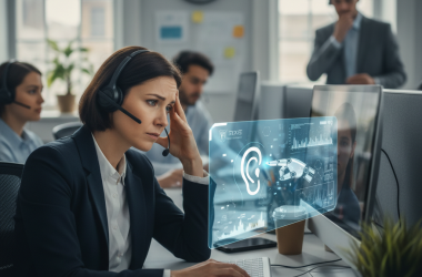 Illustration of "Lorsque qu'il y a une forte charge émotionnelle, l'IA est contre-productive" : aujourd'hui les téléconseillers sont dopés à l'IA, parlent encore à des clients mais pensent qu'ils seront tôt ou tard remplacés