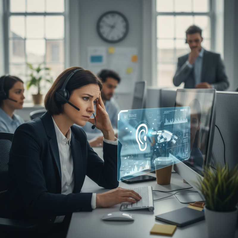 Illustration of "Lorsque qu'il y a une forte charge émotionnelle, l'IA est contre-productive" : aujourd'hui les téléconseillers sont dopés à l'IA, parlent encore à des clients mais pensent qu'ils seront tôt ou tard remplacés