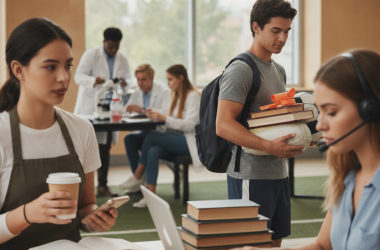 Illustration of Plus d'un étudiant sur deux travaille en parallèle des cours : surtout les plus jeunes et ceux en lettres et en sport (moins les étudiants en sciences)