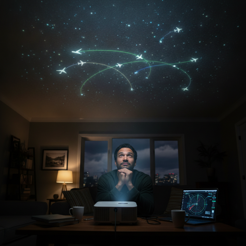 Illustration of Il projette au plafond, en temps réel, tous les avions qui passent au-dessus de sa maison - Korben