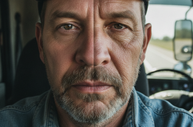 Illustration of La moitié du visage d'un chauffeur routier totalement ridée, l'autre non: 3,5 millions de travailleurs sont exposés aux rayons UV (même en intérieur) et pourtant l'employeur ne fournit pas de crème solaire