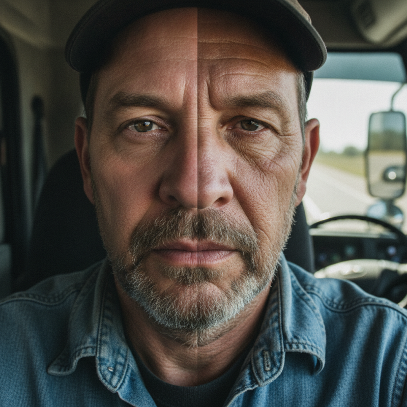 Illustration of La moitié du visage d'un chauffeur routier totalement ridée, l'autre non: 3,5 millions de travailleurs sont exposés aux rayons UV (même en intérieur) et pourtant l'employeur ne fournit pas de crème solaire