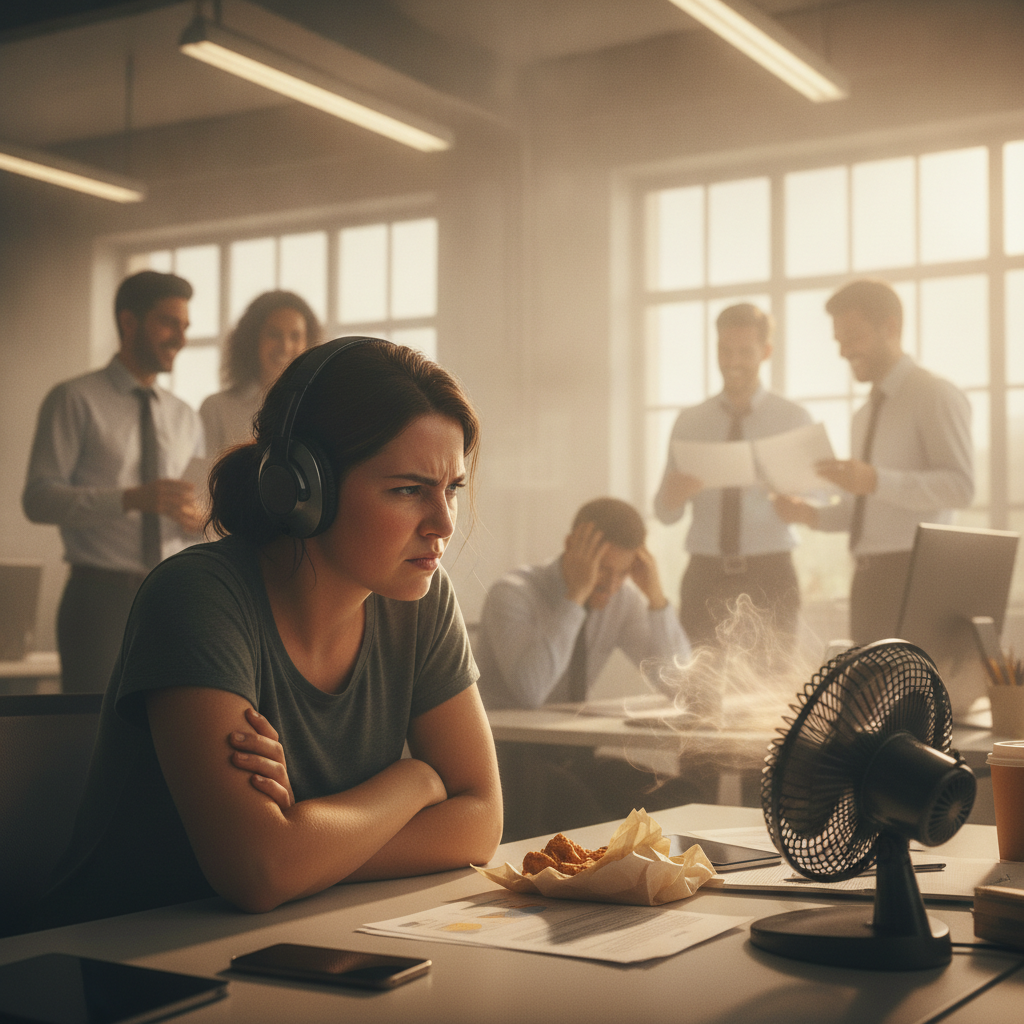 Illustration of "Irritabilité, repli sur soi, baisse de la tolérance" : si vous ne supportez plus vos collègues dans l'open-space, c'est parce que la chaleur exacerbe les tensions